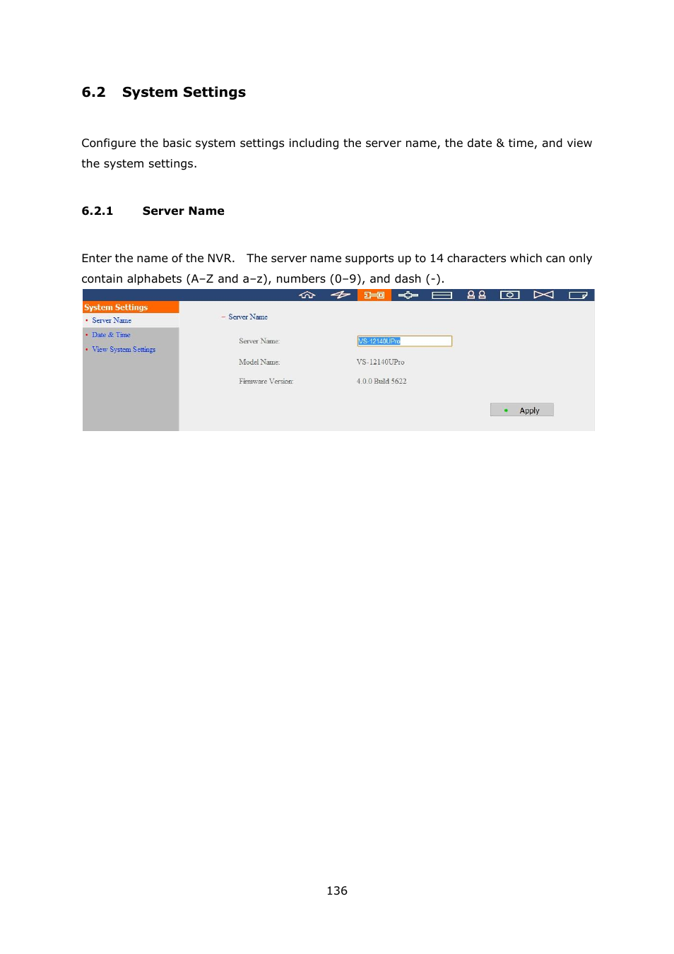 2 system settings, 1 server name, Ystem | Ettings, Server name | QNAP Security VioStor NVR (Version: 4.1.1) User Manual | Page 136 / 260