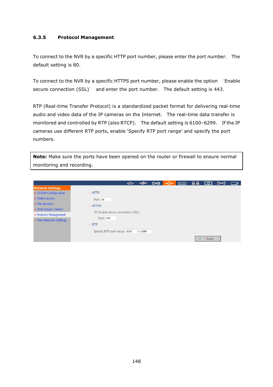5 protocol management, Protocol management | QNAP Security VioStor NVR (Version: 4.1.1) User Manual | Page 148 / 260
