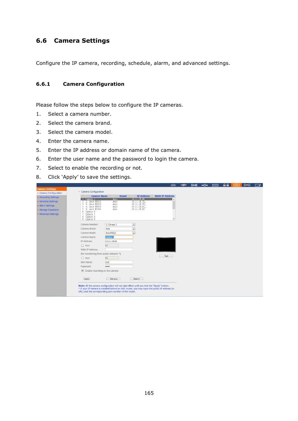 6 camera settings, 1 camera configuration, Amera | Ettings, Camera configuration | QNAP Security VioStor NVR (Version: 4.1.1) User Manual | Page 165 / 260