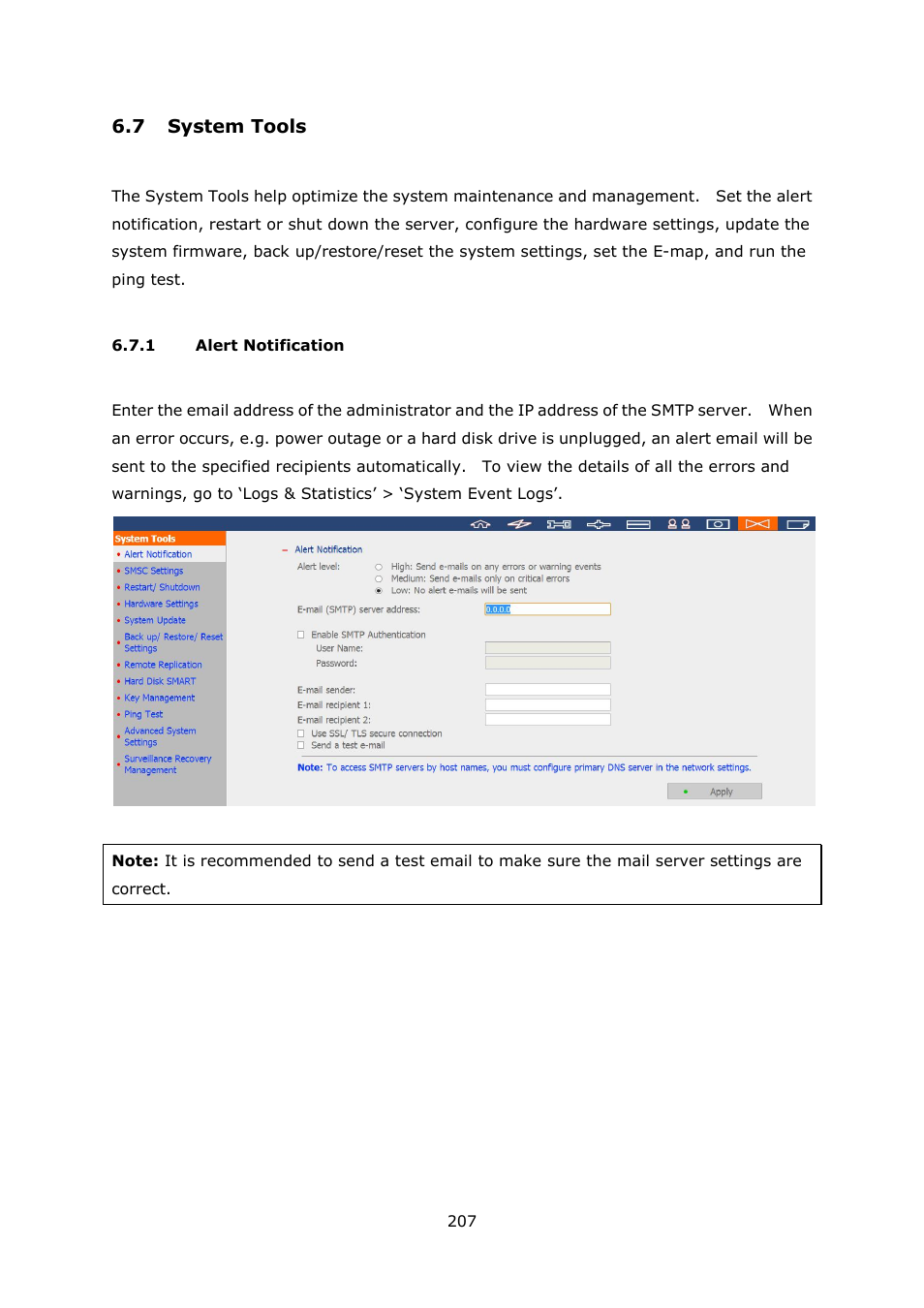 7 system tools, 1 alert notification, Ystem | Ools, Alert notification | QNAP Security VioStor NVR (Version: 4.1.1) User Manual | Page 207 / 260