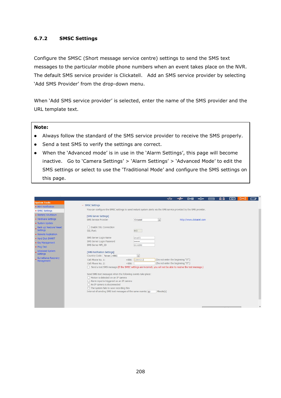2 smsc settings, Smsc settings | QNAP Security VioStor NVR (Version: 4.1.1) User Manual | Page 208 / 260