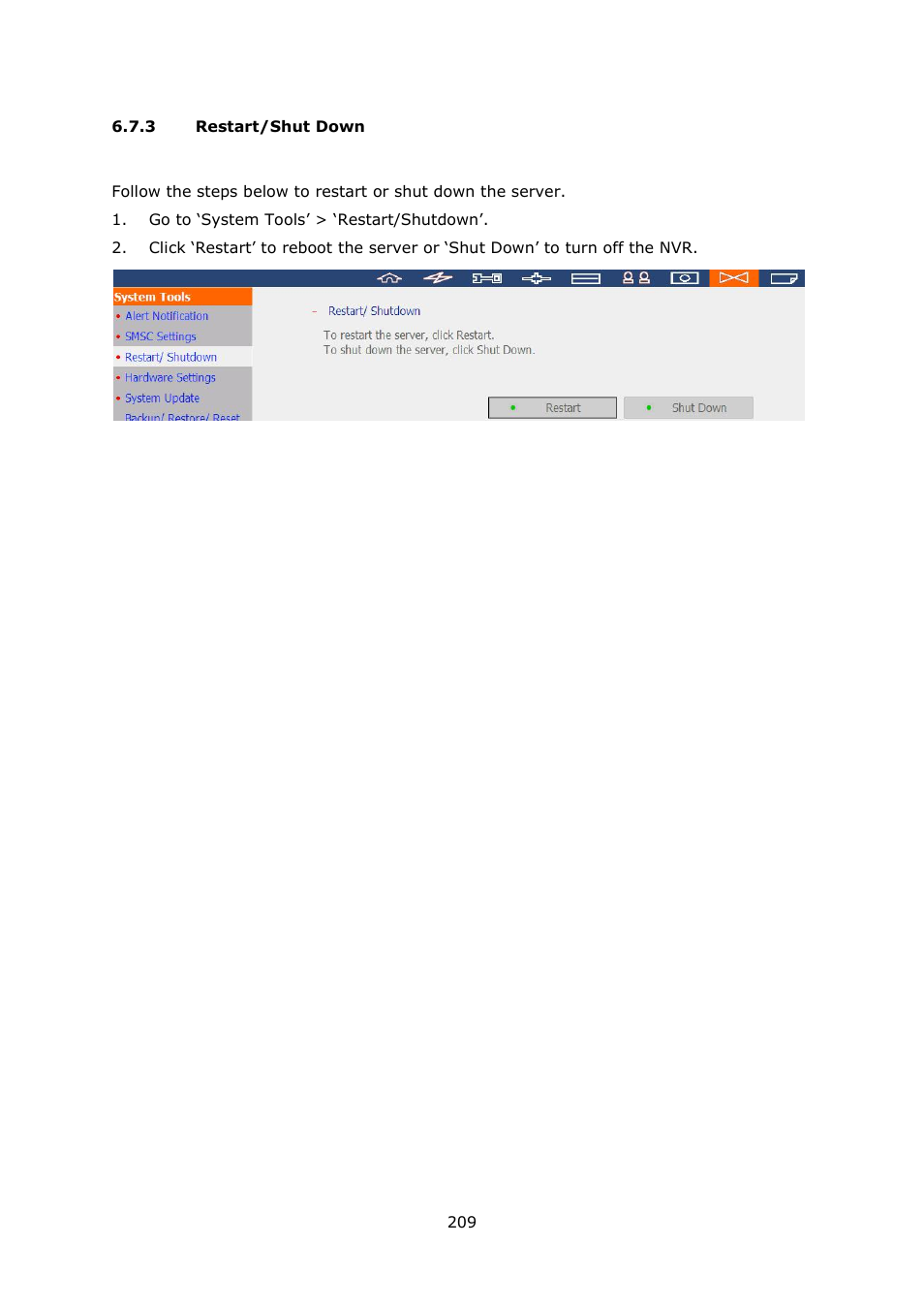 3 restart/shut down, Restart/shut down | QNAP Security VioStor NVR (Version: 4.1.1) User Manual | Page 209 / 260