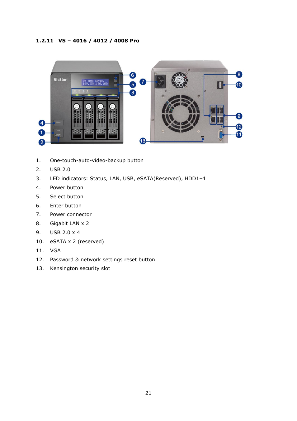 11 vs – 4016 / 4012 / 4008 pro, Vs – 4016, 4008 pro | QNAP Security VioStor NVR (Version: 4.1.1) User Manual | Page 21 / 260