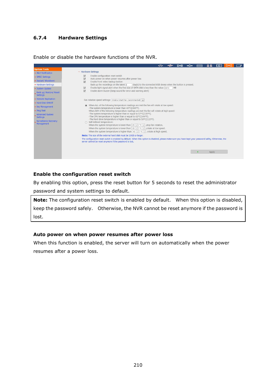 4 hardware settings, Hardware settings | QNAP Security VioStor NVR (Version: 4.1.1) User Manual | Page 210 / 260
