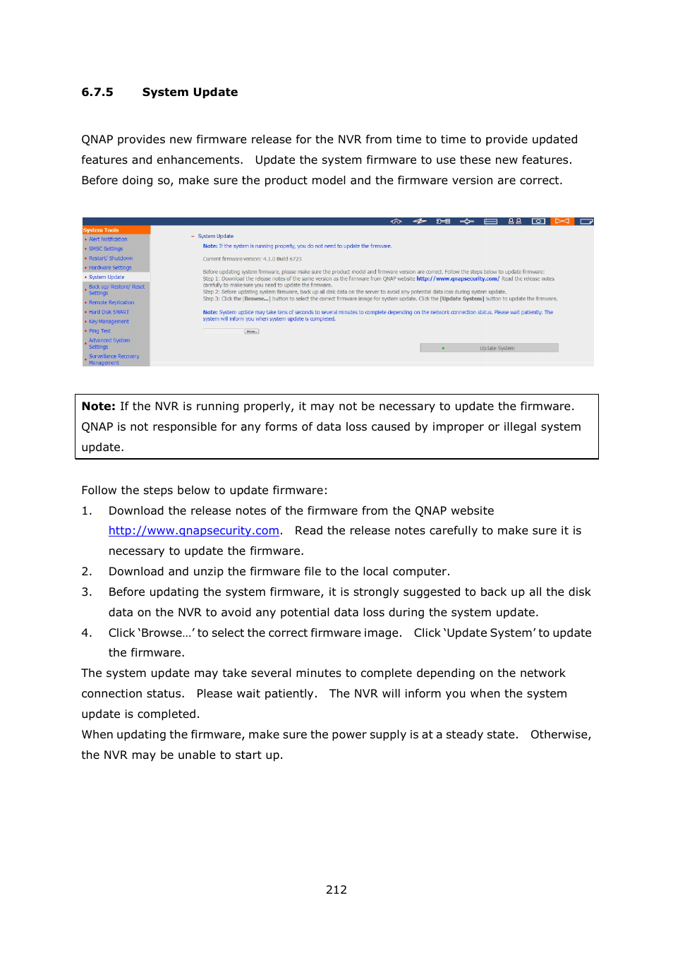 5 system update, System update | QNAP Security VioStor NVR (Version: 4.1.1) User Manual | Page 212 / 260