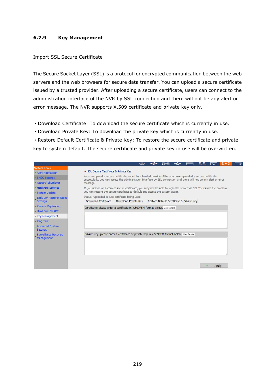 9 key management, Key management | QNAP Security VioStor NVR (Version: 4.1.1) User Manual | Page 219 / 260