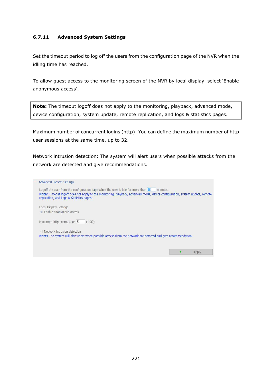 11 advanced system settings, Advanced system settings | QNAP Security VioStor NVR (Version: 4.1.1) User Manual | Page 221 / 260
