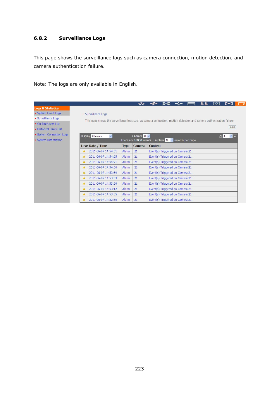 2 surveillance logs, Surveillance logs | QNAP Security VioStor NVR (Version: 4.1.1) User Manual | Page 223 / 260