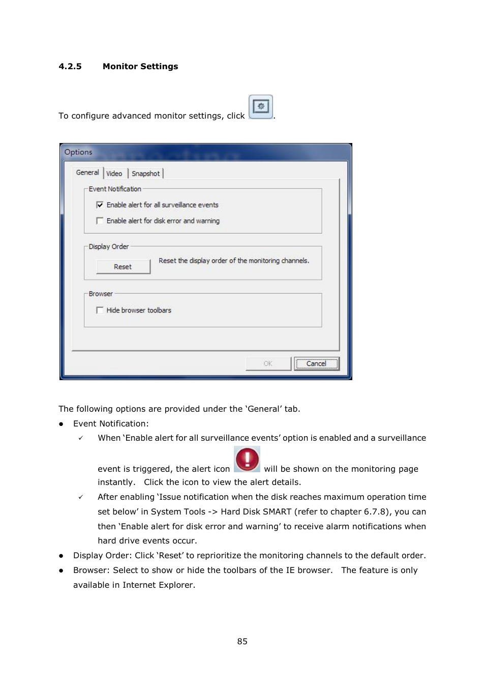 5 monitor settings, Monitor settings | QNAP Security VioStor NVR (Version: 4.1.1) User Manual | Page 85 / 260