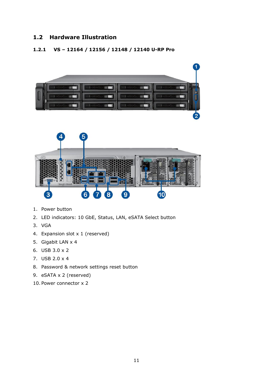 Ardware, Llustration, Vs – 12164 | 12140 u-rp pro, 2 hardware illustration | QNAP Security VioStor NVR (Version: 4.0.0) User Manual | Page 11 / 242
