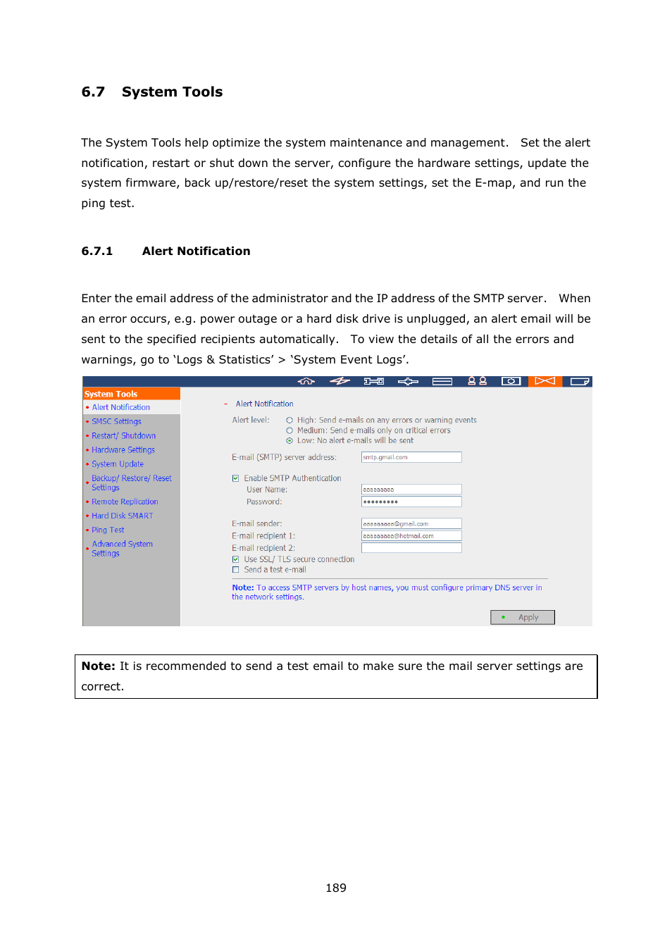 Ystem, Ools, Alert notification | 7 system tools | QNAP Security VioStor NVR (Version: 4.0.0) User Manual | Page 189 / 242
