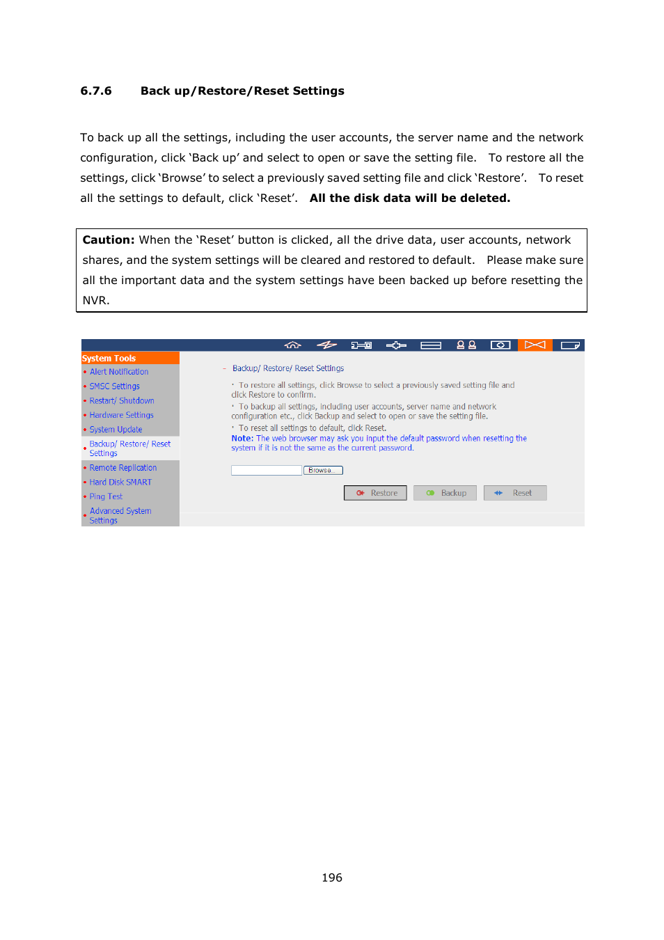 Back up/restore/reset settings | QNAP Security VioStor NVR (Version: 4.0.0) User Manual | Page 196 / 242
