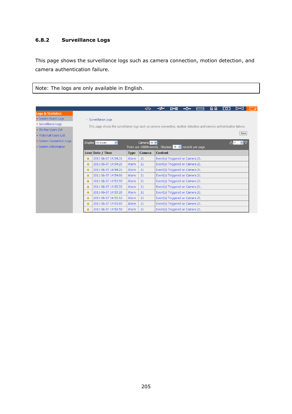 Surveillance logs | QNAP Security VioStor NVR (Version: 4.0.0) User Manual | Page 205 / 242