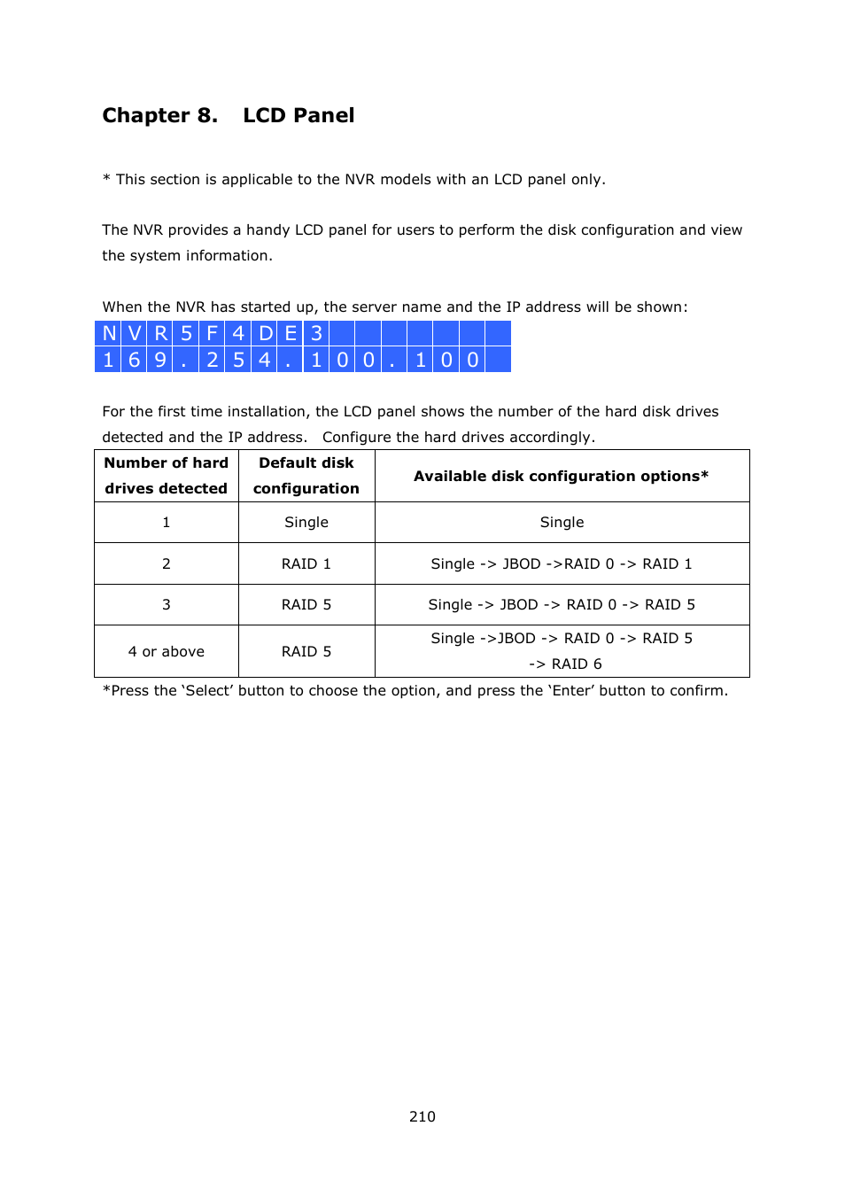 Chapter 8, Lcd panel, Chapter 8. lcd panel | QNAP Security VioStor NVR (Version: 4.0.0) User Manual | Page 210 / 242