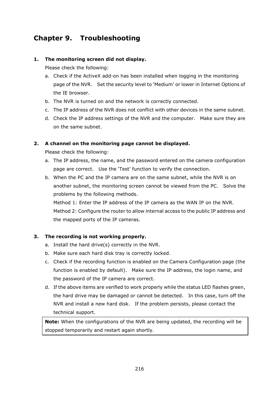 Chapter 9, Troubleshooting, Chapter 9. troubleshooting | QNAP Security VioStor NVR (Version: 4.0.0) User Manual | Page 216 / 242
