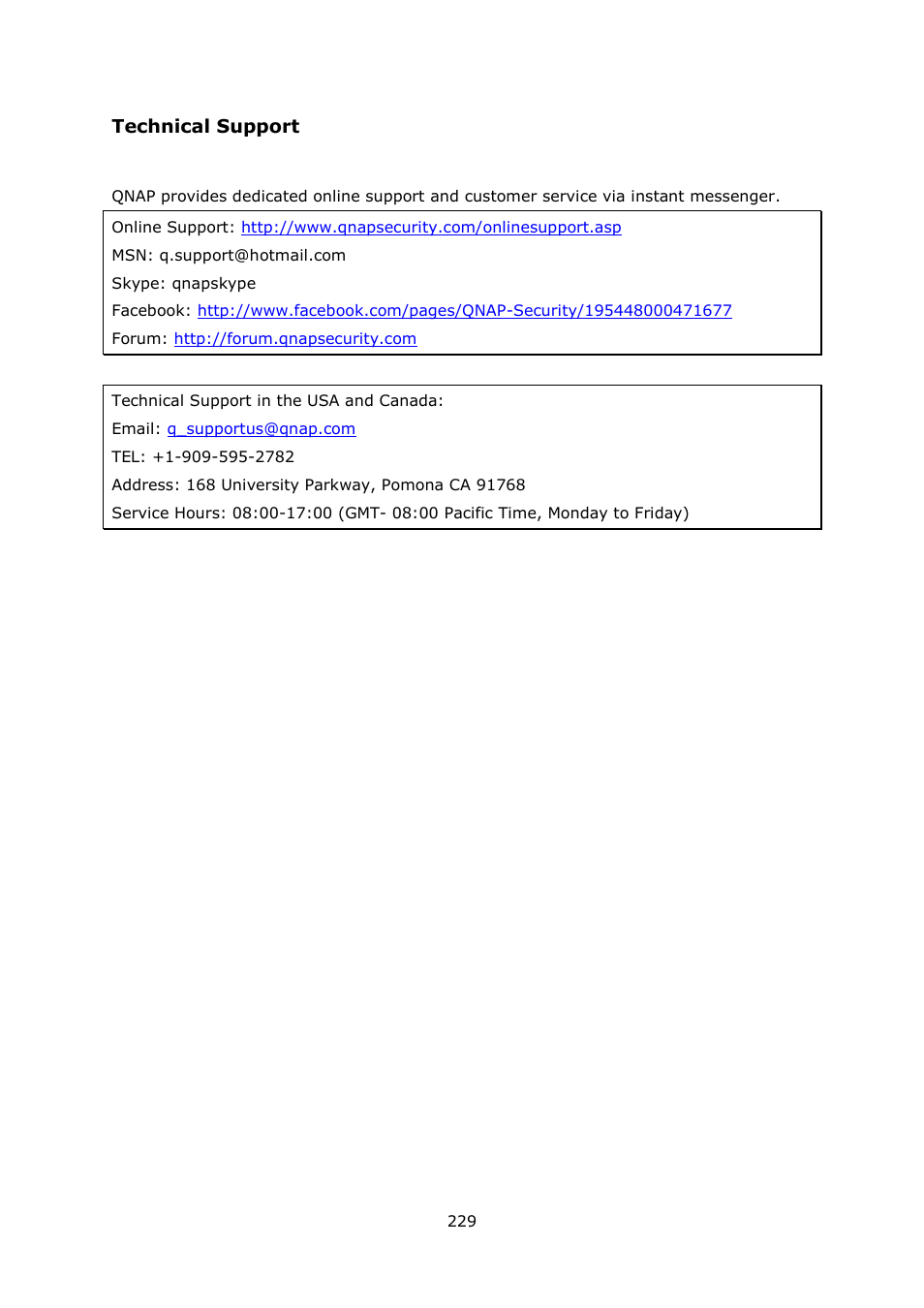 Technical support | QNAP Security VioStor NVR (Version: 4.0.0) User Manual | Page 229 / 242