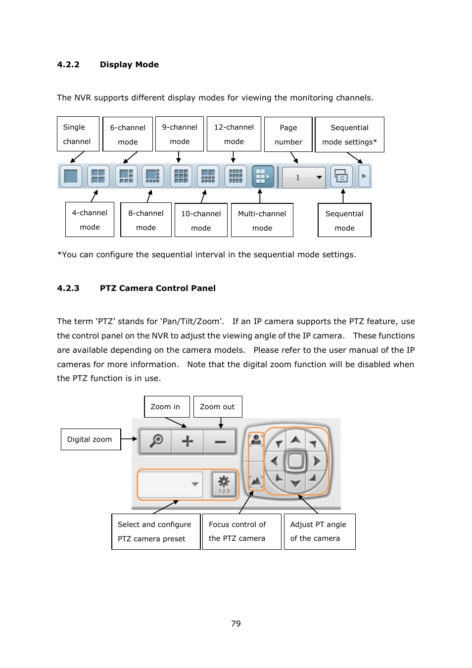 Display mode, Ptz camera control panel | QNAP Security VioStor NVR (Version: 4.0.0) User Manual | Page 79 / 242