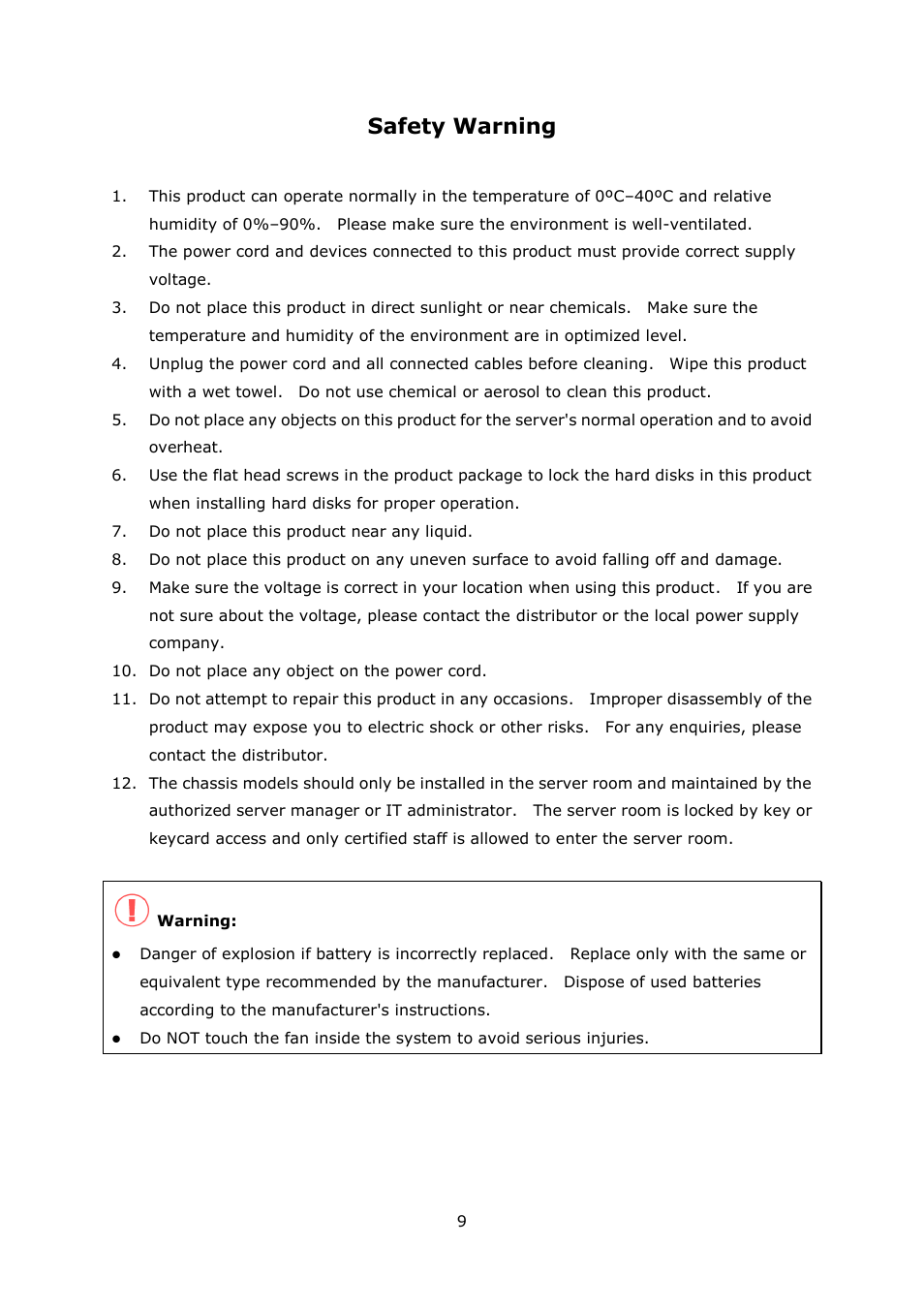 Safety warning | QNAP Security VioStor NVR (Version: 4.0.0) User Manual | Page 9 / 242