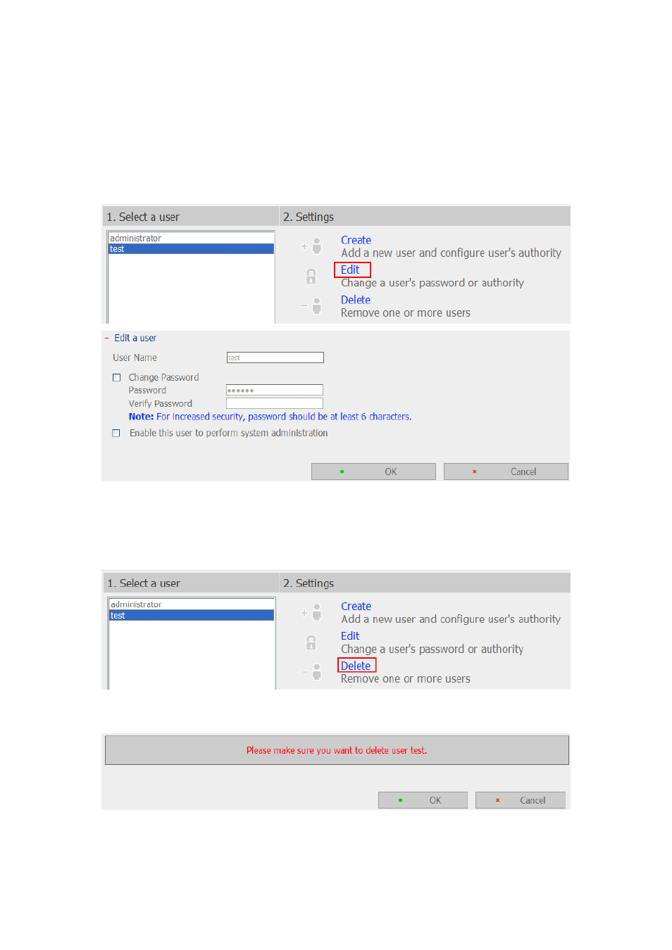 2 edit user, 3 delete user, Edit user | Delete user | QNAP Security NVR-101 (Version: 2.8.0) User Manual | Page 64 / 101