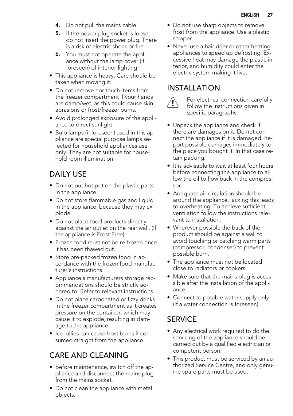 Daily use, Care and cleaning, Installation | Service | AEG ELECTROLUX A 92700 GNW 0 User Manual | Page 27 / 92