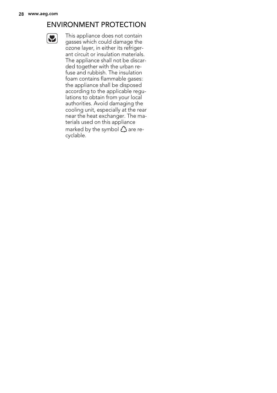 Environment protection | AEG ELECTROLUX A 92700 GNW 0 User Manual | Page 28 / 92