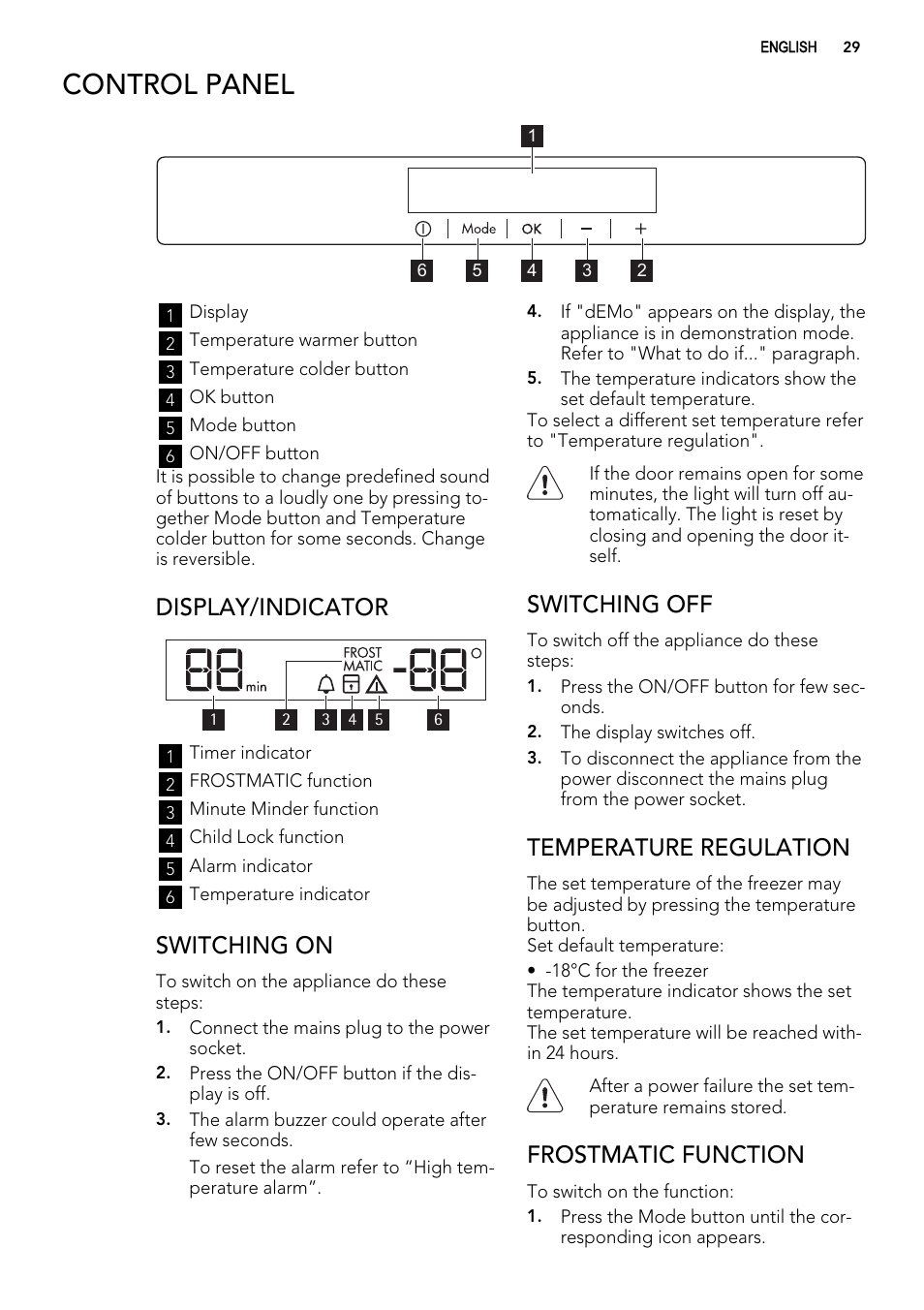 Control panel, Display/indicator, Switching on | Switching off, Temperature regulation, Frostmatic function | AEG ELECTROLUX A 92700 GNW 0 User Manual | Page 29 / 92
