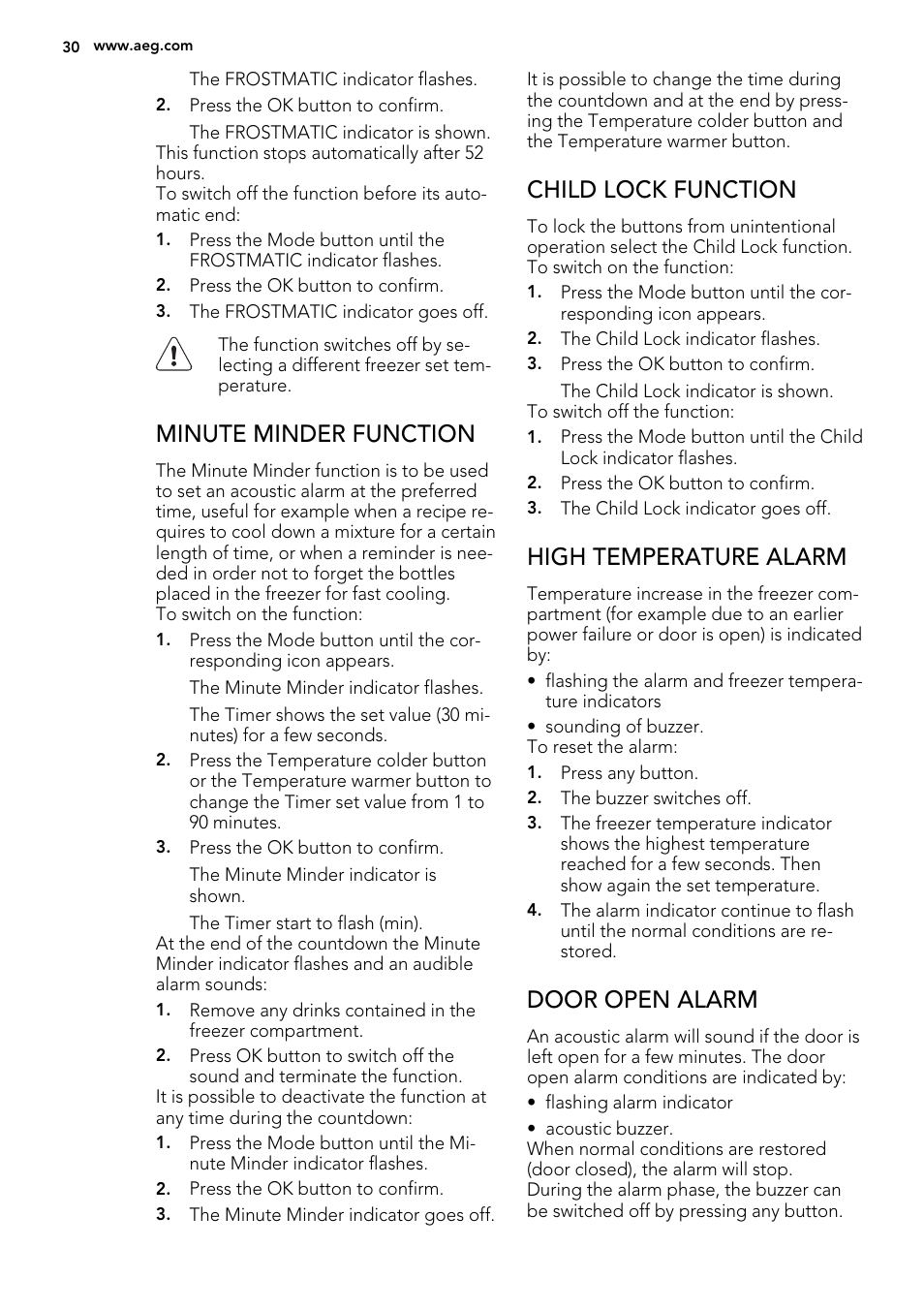 Minute minder function, Child lock function, High temperature alarm | Door open alarm | AEG ELECTROLUX A 92700 GNW 0 User Manual | Page 30 / 92