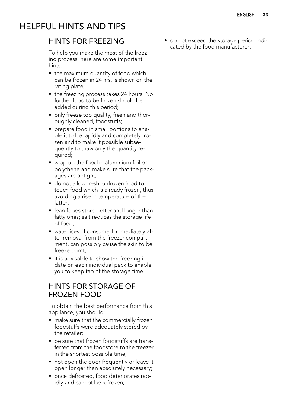 Helpful hints and tips, Hints for freezing, Hints for storage of frozen food | AEG ELECTROLUX A 92700 GNW 0 User Manual | Page 33 / 92