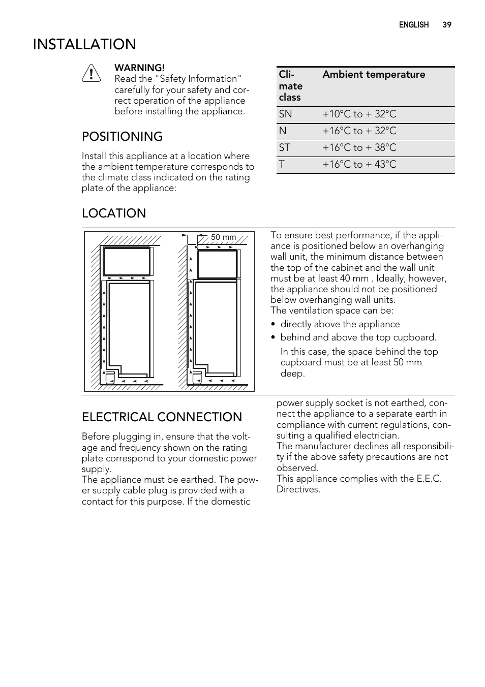 Installation, Positioning, Location | Electrical connection | AEG ELECTROLUX A 92700 GNW 0 User Manual | Page 39 / 92