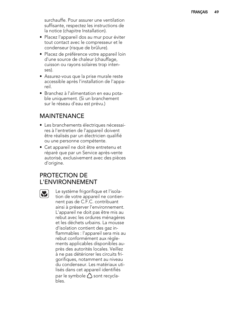 Maintenance, Protection de l'environnement | AEG ELECTROLUX A 92700 GNW 0 User Manual | Page 49 / 92