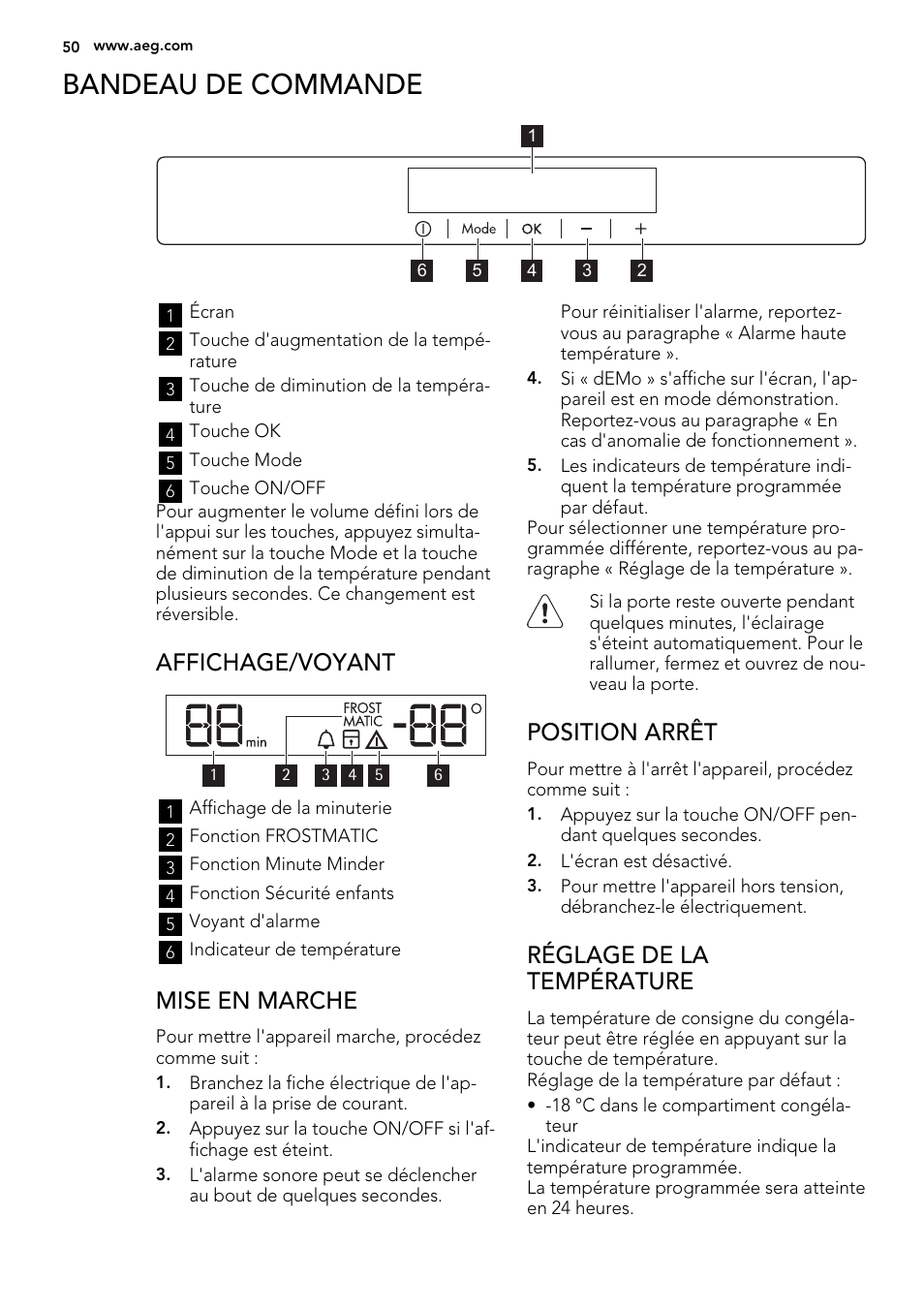 Bandeau de commande, Affichage/voyant, Mise en marche | Position arrêt, Réglage de la température | AEG ELECTROLUX A 92700 GNW 0 User Manual | Page 50 / 92