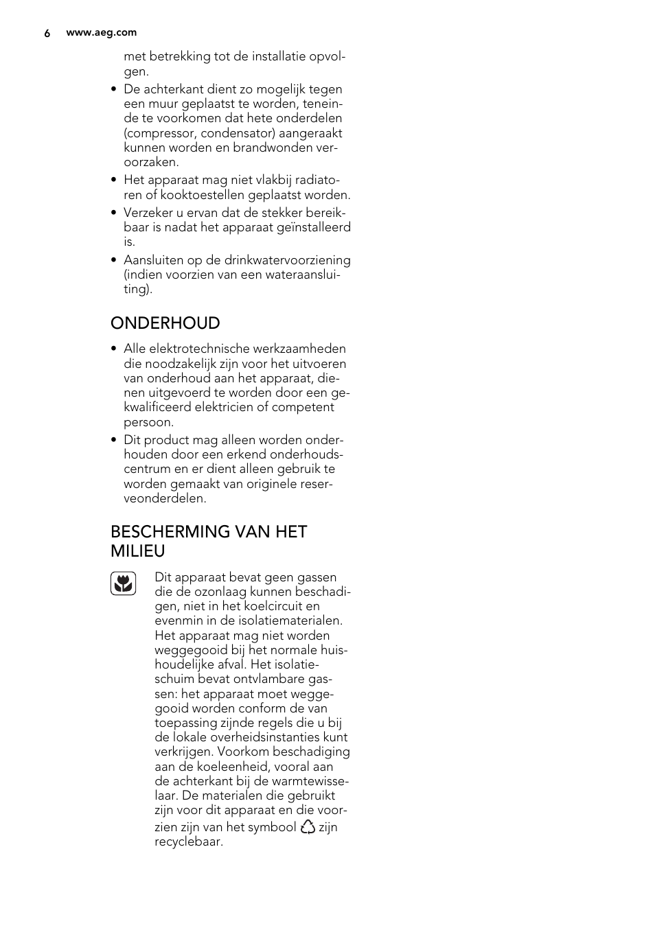 Onderhoud, Bescherming van het milieu | AEG ELECTROLUX A 92700 GNW 0 User Manual | Page 6 / 92