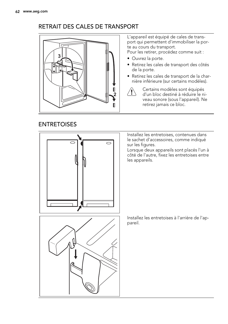 Retrait des cales de transport, Entretoises | AEG ELECTROLUX A 92700 GNW 0 User Manual | Page 62 / 92