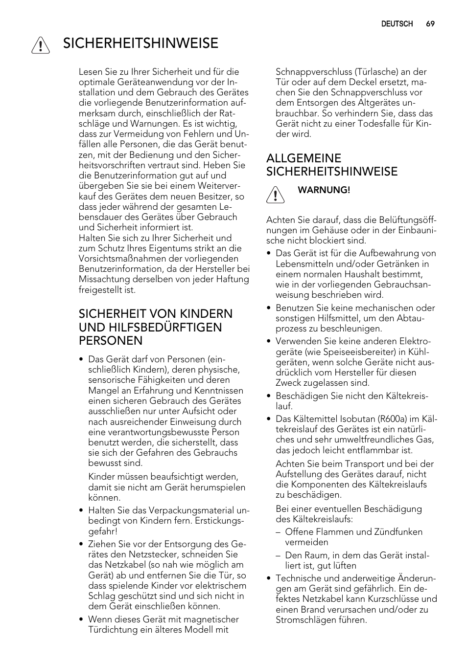 Sicherheitshinweise, Allgemeine sicherheitshinweise | AEG ELECTROLUX A 92700 GNW 0 User Manual | Page 69 / 92