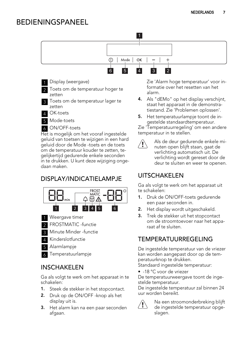 Bedieningspaneel, Display/indicatielampje, Inschakelen | Uitschakelen, Temperatuurregeling | AEG ELECTROLUX A 92700 GNW 0 User Manual | Page 7 / 92