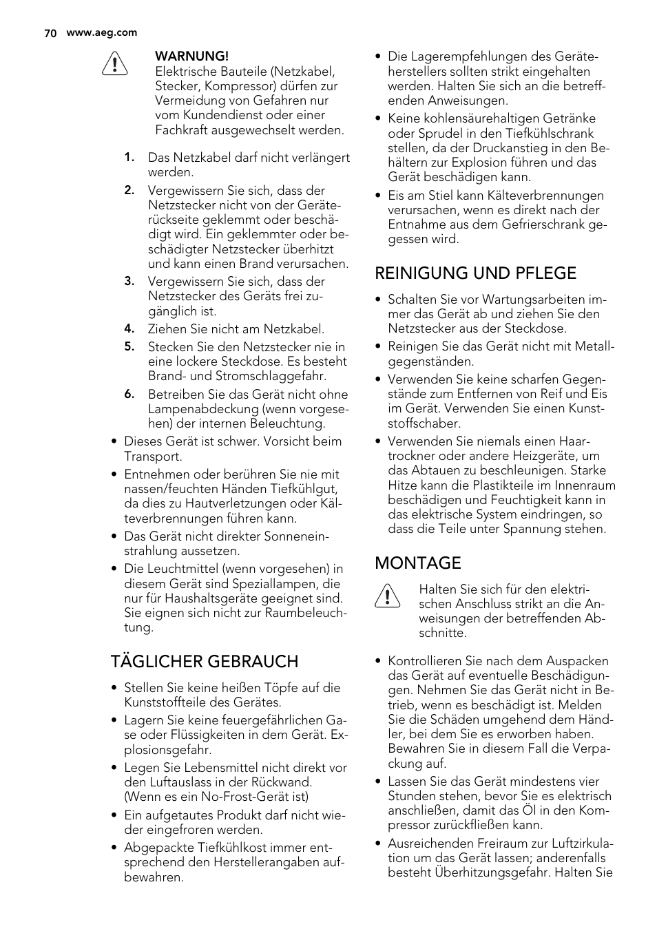 Täglicher gebrauch, Reinigung und pflege, Montage | AEG ELECTROLUX A 92700 GNW 0 User Manual | Page 70 / 92
