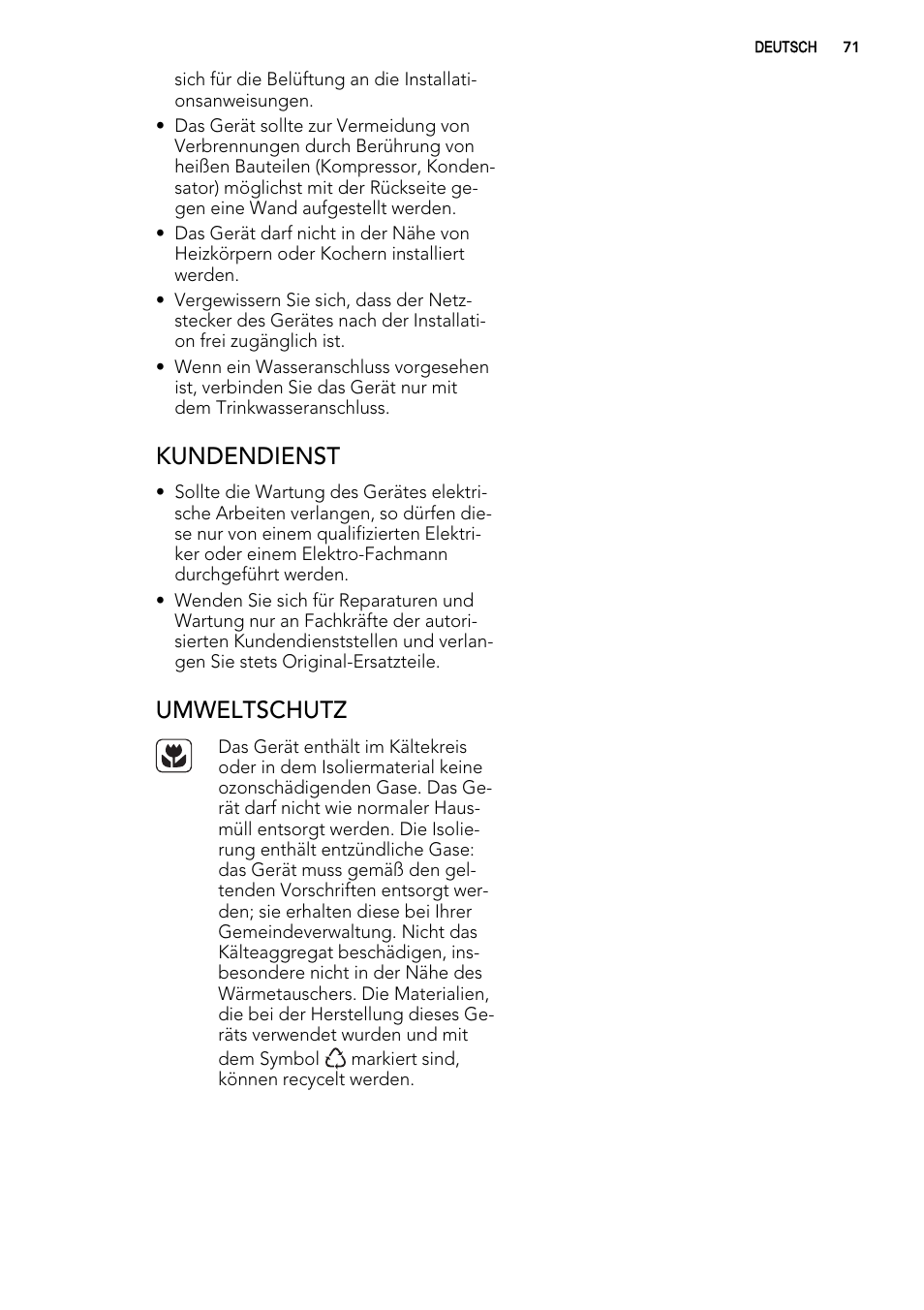 Kundendienst, Umweltschutz | AEG ELECTROLUX A 92700 GNW 0 User Manual | Page 71 / 92