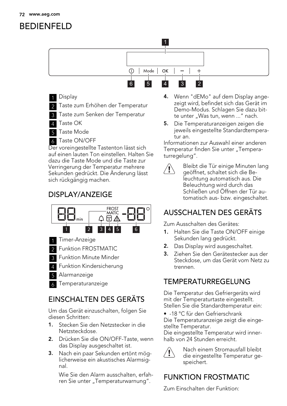 Bedienfeld, Display/anzeige, Einschalten des geräts | Ausschalten des geräts, Temperaturregelung, Funktion frostmatic | AEG ELECTROLUX A 92700 GNW 0 User Manual | Page 72 / 92