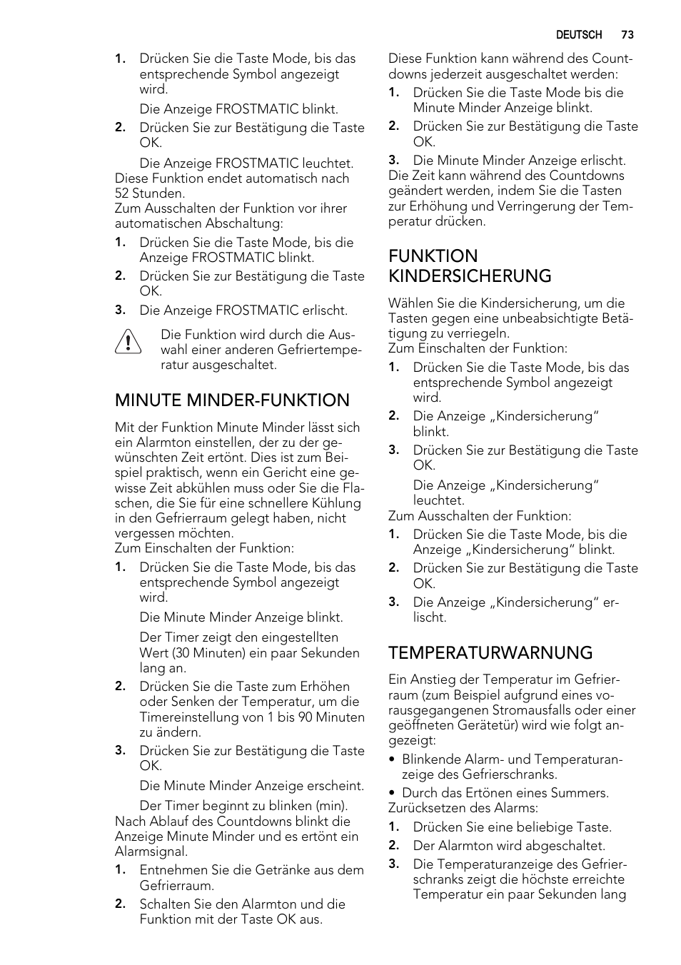 Minute minder-funktion, Funktion kindersicherung, Temperaturwarnung | AEG ELECTROLUX A 92700 GNW 0 User Manual | Page 73 / 92