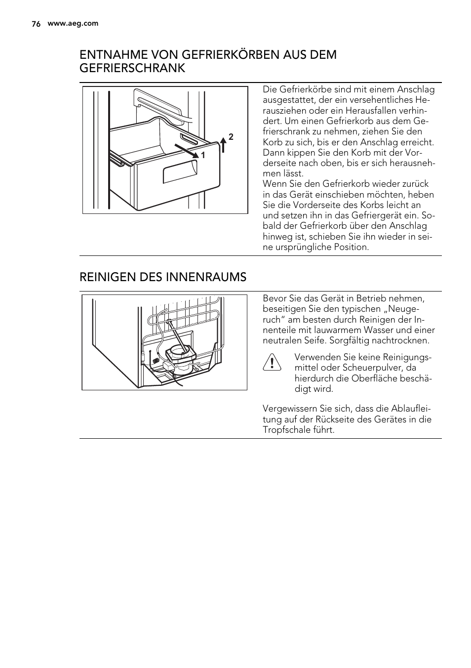 Entnahme von gefrierkörben aus dem gefrierschrank, Reinigen des innenraums | AEG ELECTROLUX A 92700 GNW 0 User Manual | Page 76 / 92