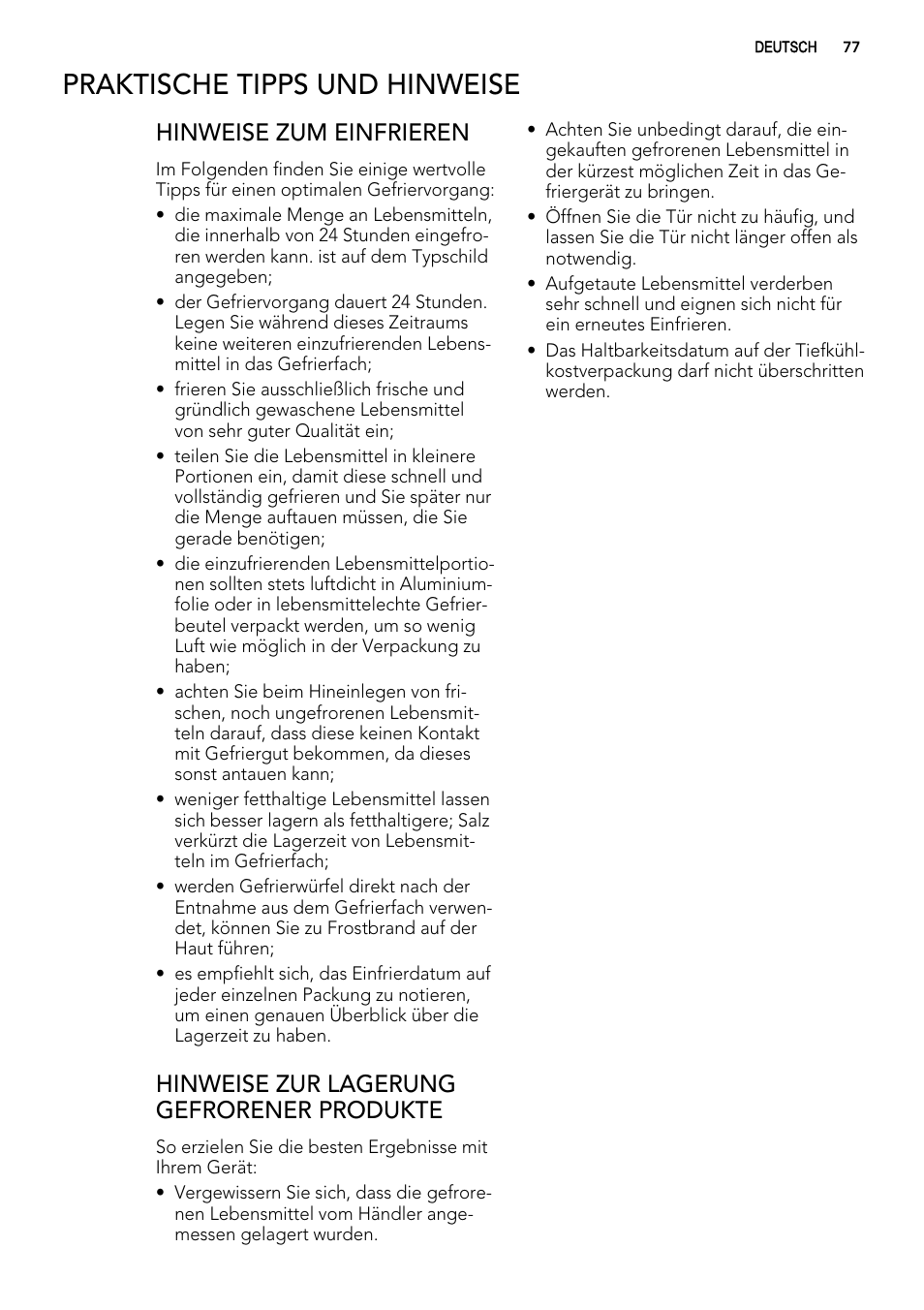 Praktische tipps und hinweise, Hinweise zum einfrieren, Hinweise zur lagerung gefrorener produkte | AEG ELECTROLUX A 92700 GNW 0 User Manual | Page 77 / 92