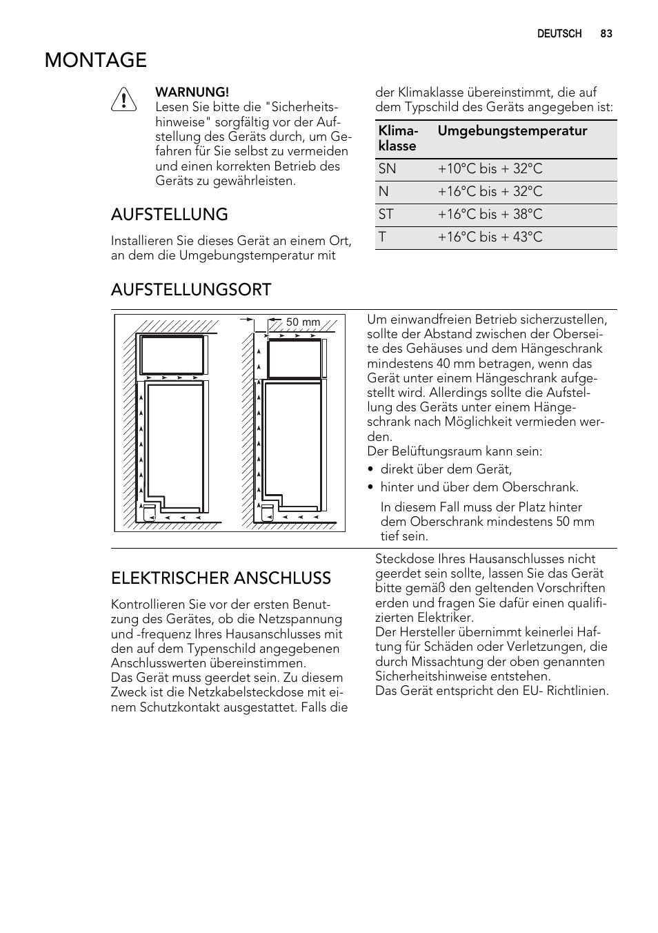Montage, Aufstellung, Aufstellungsort | Elektrischer anschluss | AEG ELECTROLUX A 92700 GNW 0 User Manual | Page 83 / 92