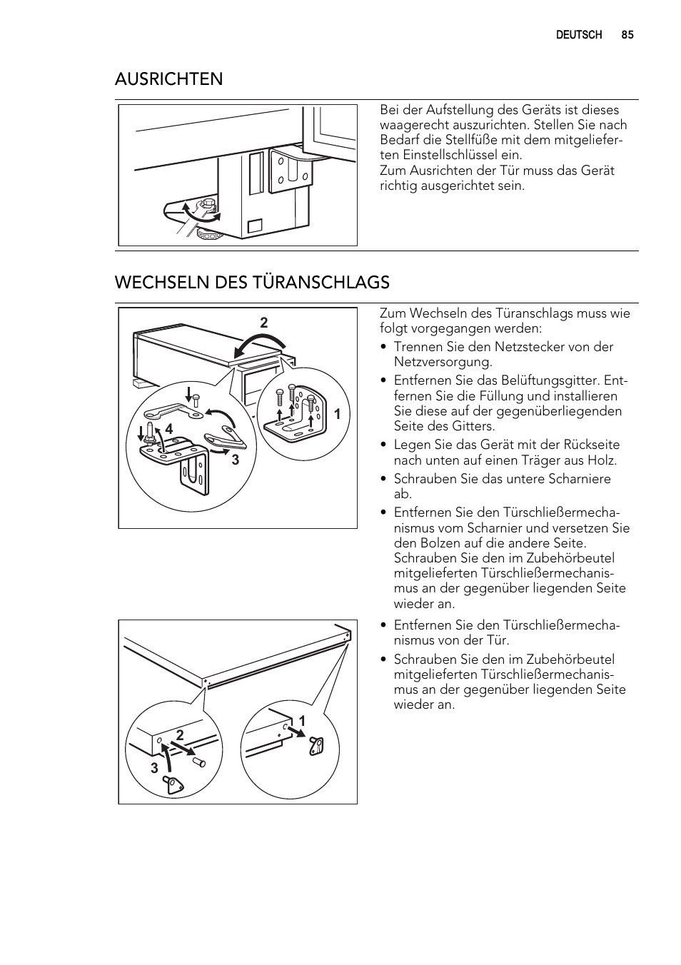 Ausrichten, Wechseln des türanschlags | AEG ELECTROLUX A 92700 GNW 0 User Manual | Page 85 / 92