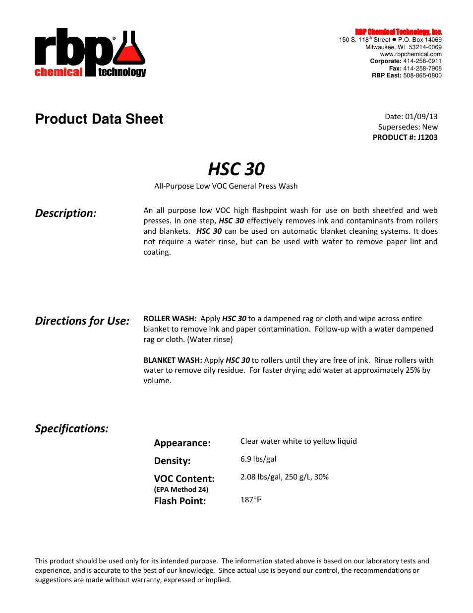 RBP Chemical Technology J1203 HSC 30 User Manual | 1 page