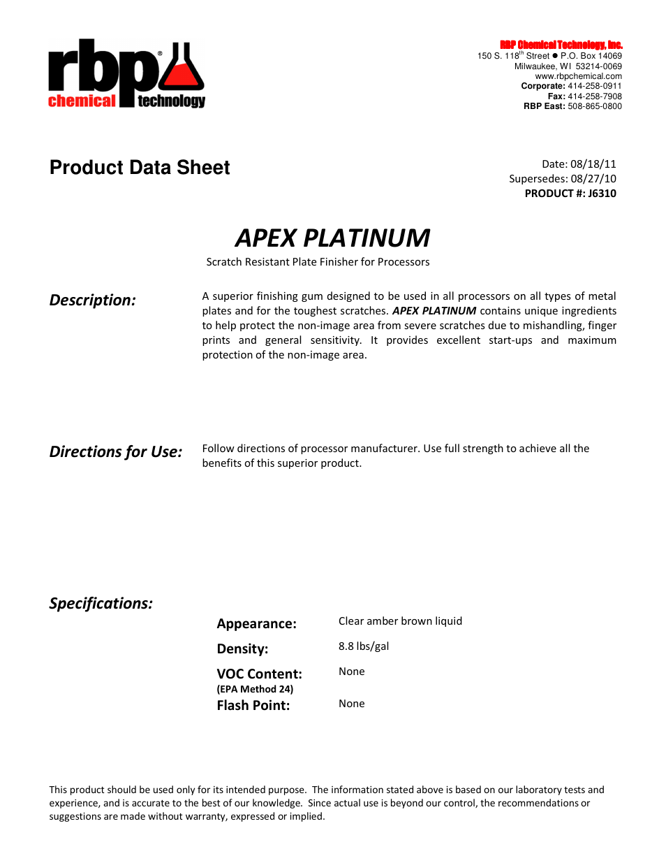 RBP Chemical Technology J6310 APEX PLATINUM User Manual | 1 page