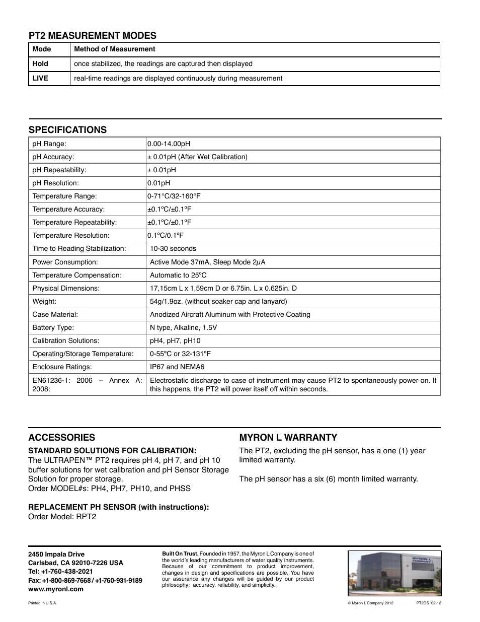 Pt2 measurement modes, Accessories, Myron l warranty | Specifications | RBP Chemical Technology ULTRAPEN PT2 User Manual | Page 2 / 2