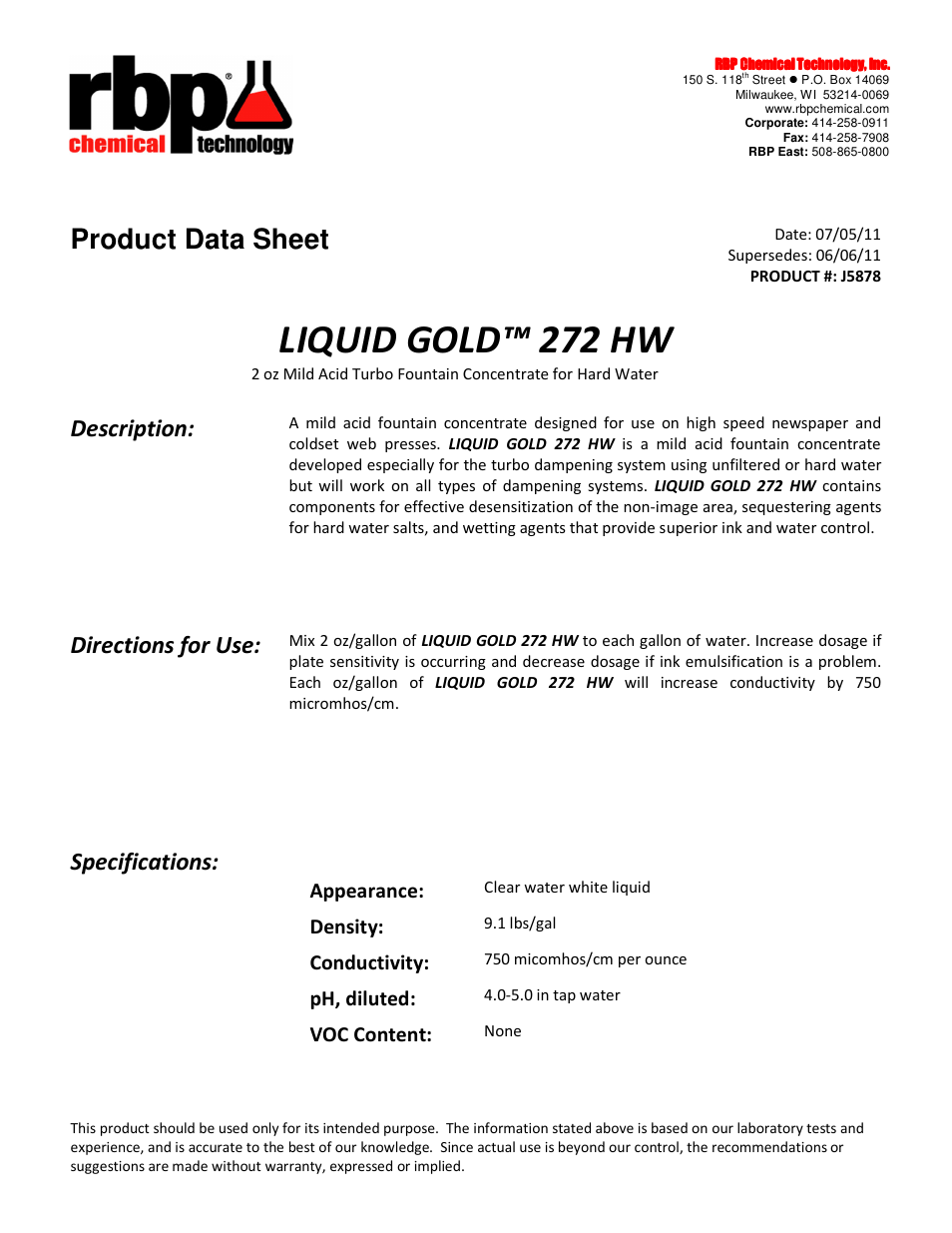 RBP Chemical Technology J5878 LIQUID GOLD 272HW User Manual | 2 pages