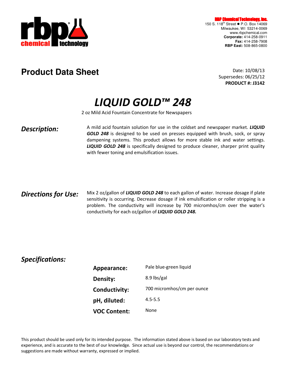 RBP Chemical Technology J3142 LIQUID GOLD 248 User Manual | 2 pages