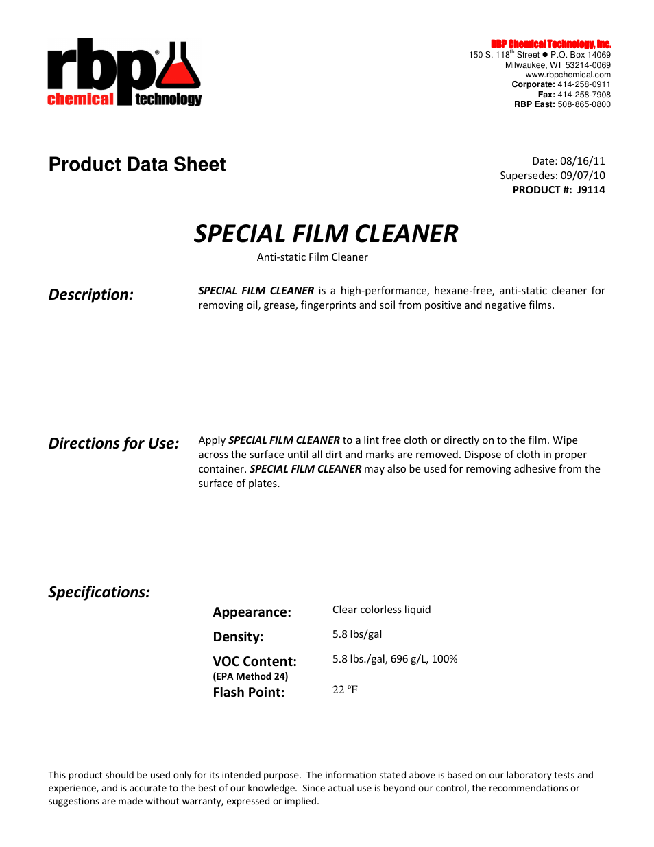 RBP Chemical Technology J9114 SPECIAL FILM CLEANER User Manual | 1 page