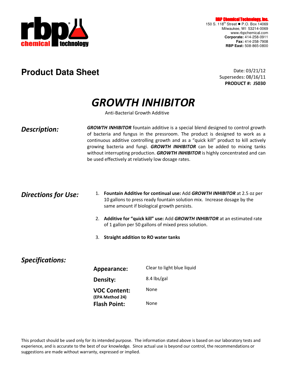 RBP Chemical Technology J5030 GROWTH INHIBITOR User Manual | 1 page